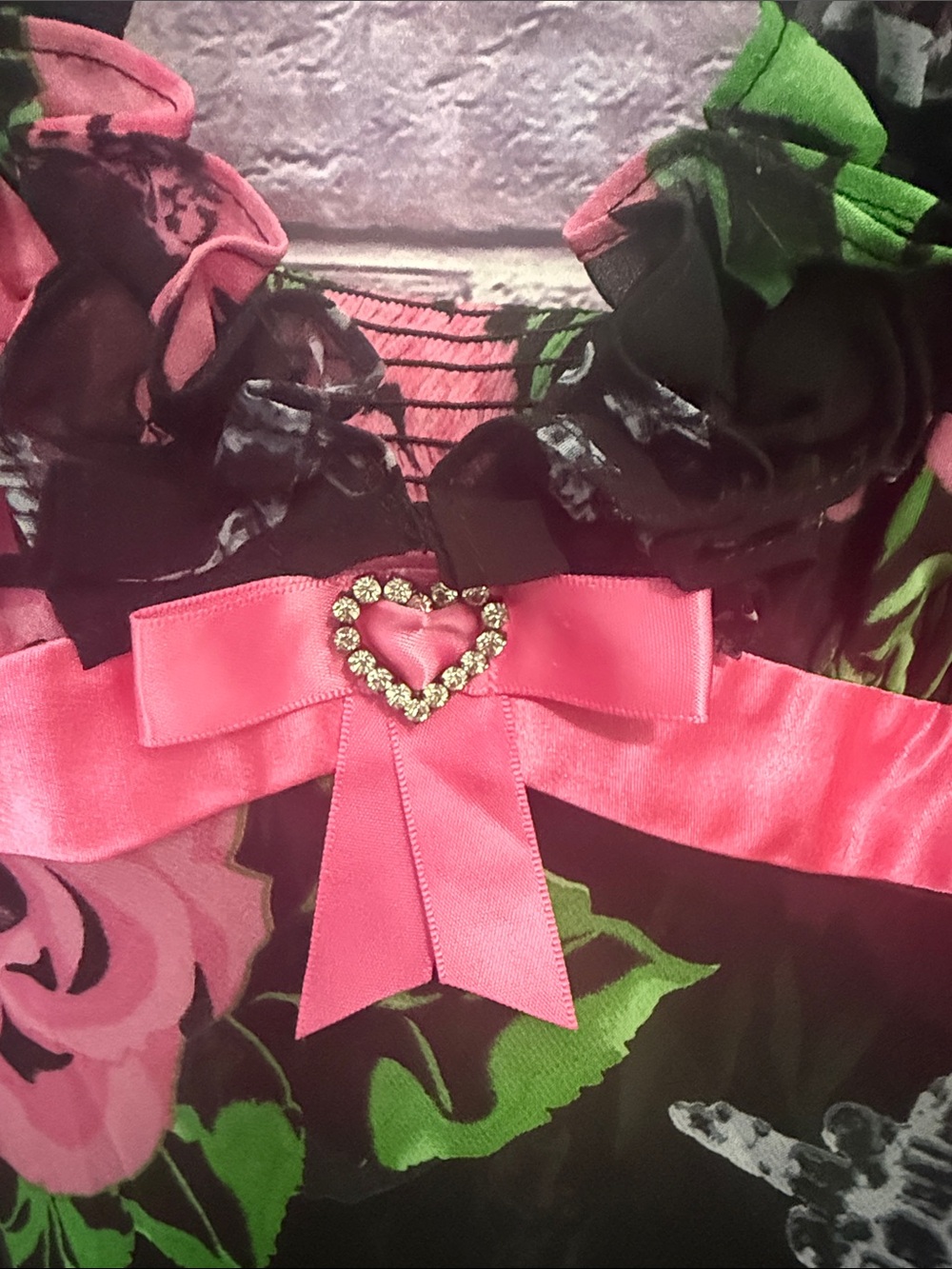 Betsey Johnson Black Hot Pink Rose Print Satin-Trim Chemise babydoll large - Picture 2 of 4